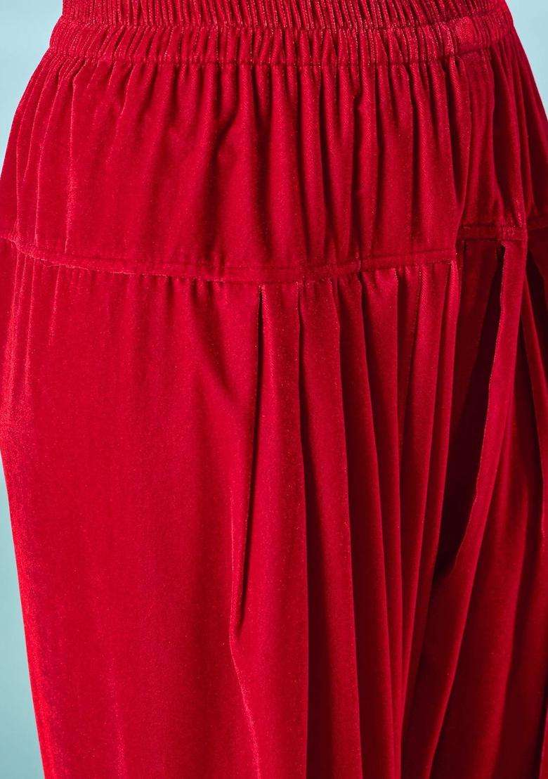 Red Solid Velvet Kurta Set - Indya