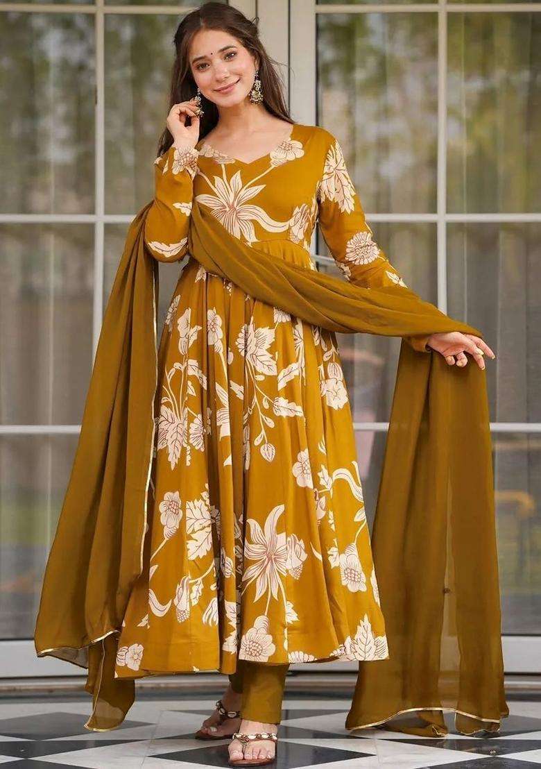Mustard Printed Viscose Kurta Set - Indya