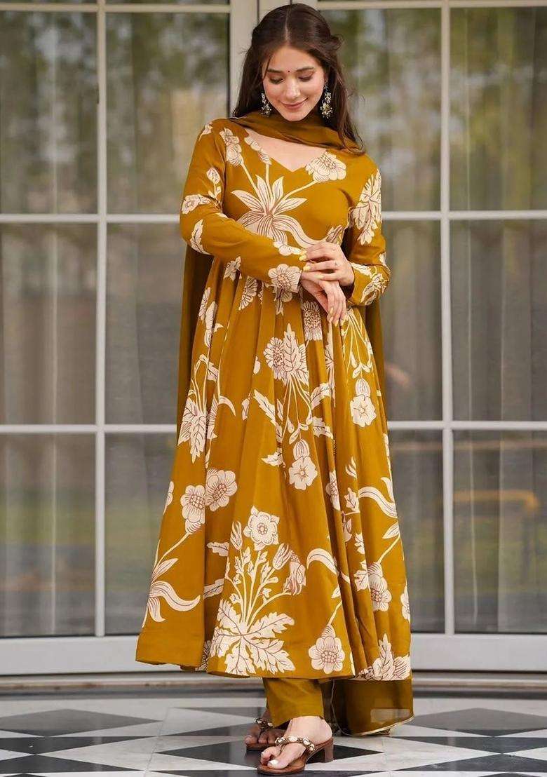 Mustard Printed Viscose Kurta Set - Indya