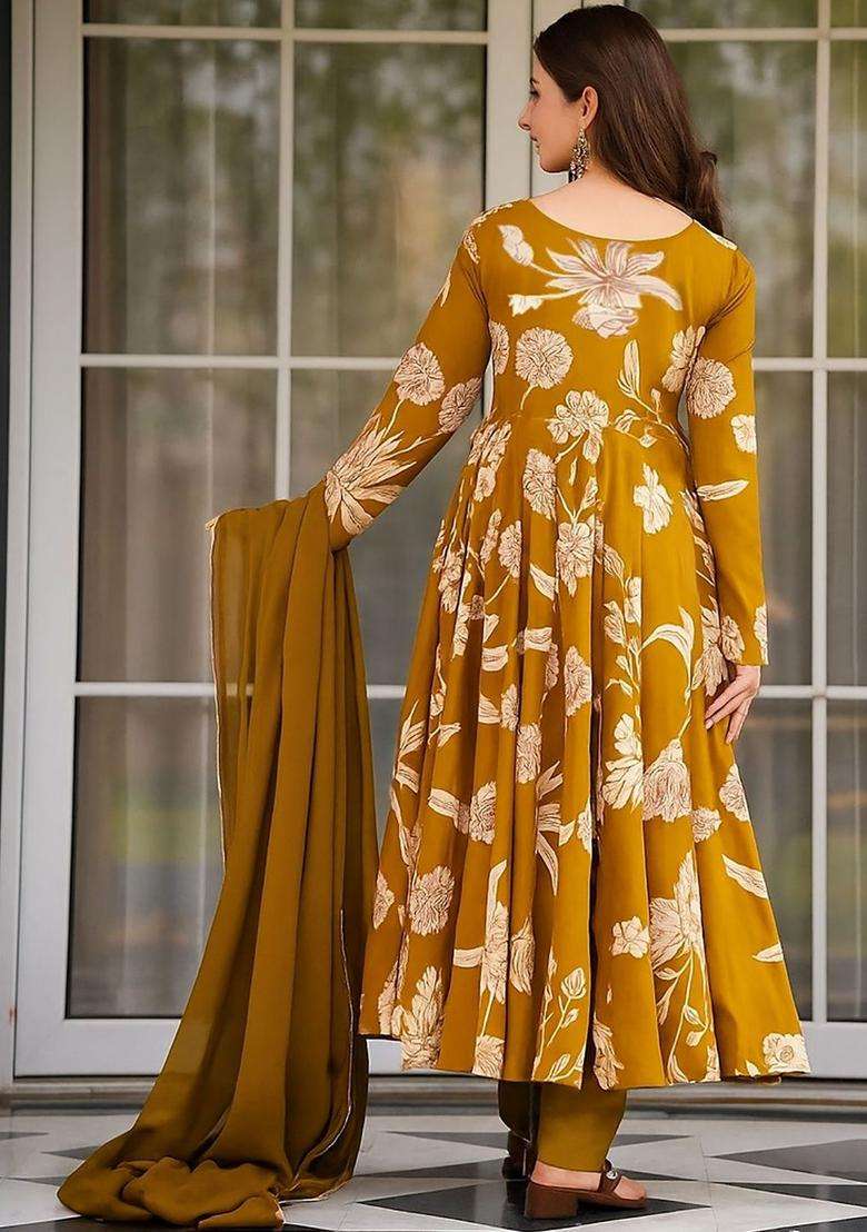 Mustard Printed Viscose Kurta Set - Indya