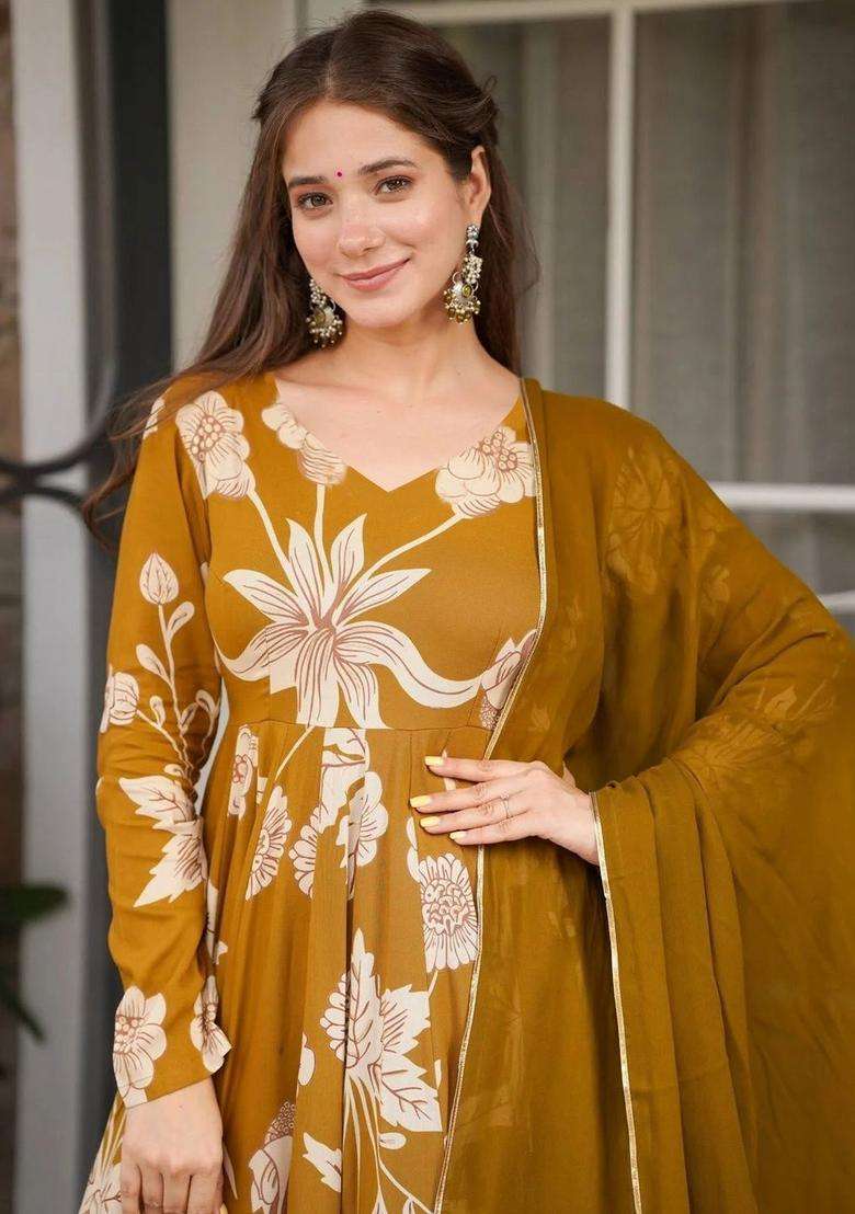 Mustard Printed Viscose Kurta Set - Indya