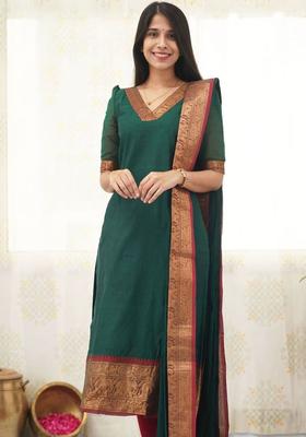 Green Solid Cotton Kurta Set