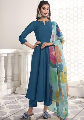 Teal Solid Silk Anarkali Set