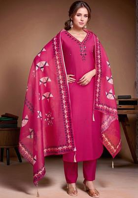 Magenta Embroidered Silk Kurta Set