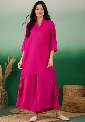 Pink Solid Viscose Kurta Set