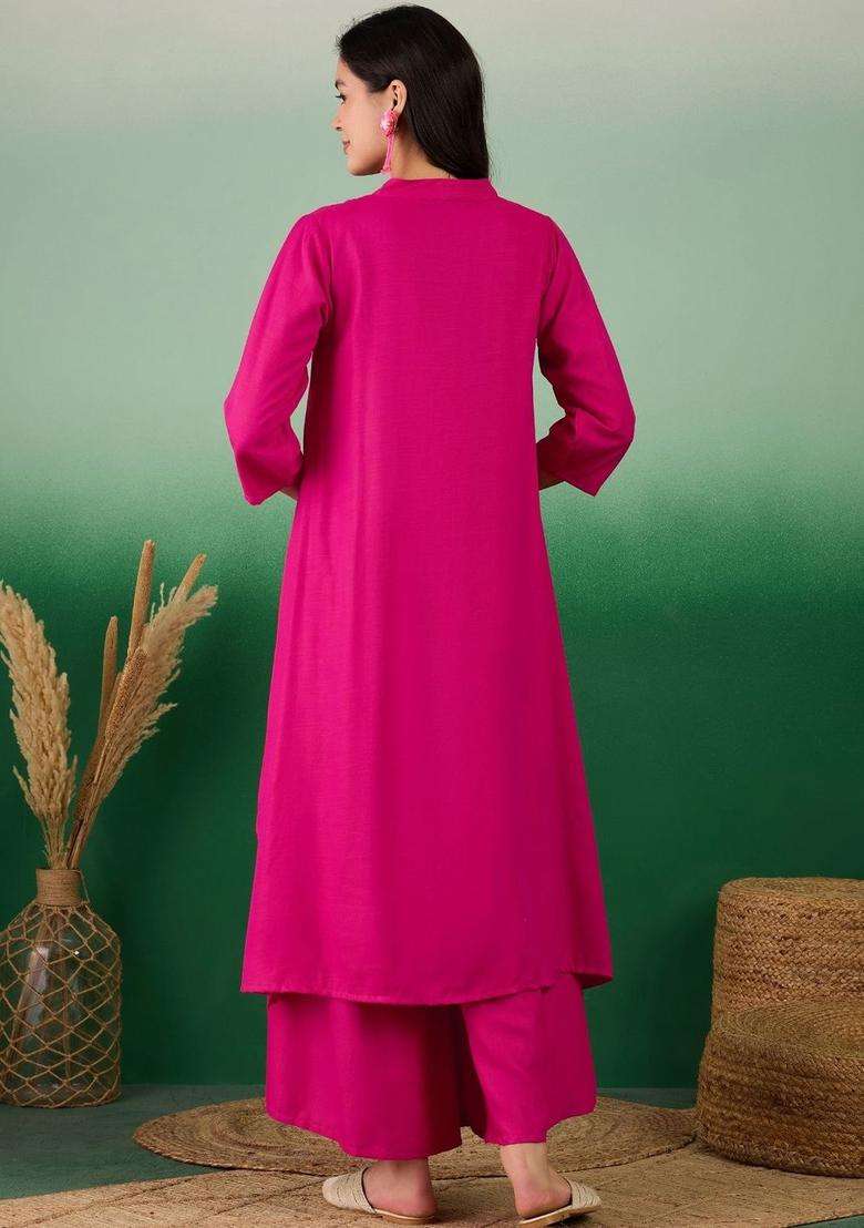 Pink Solid Viscose Kurta Set - Indya