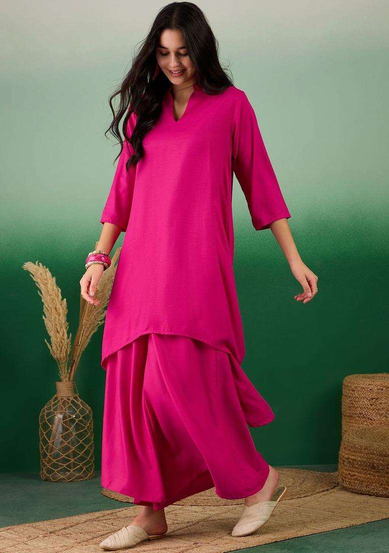 Pink Solid Viscose Kurta Set - Indya
