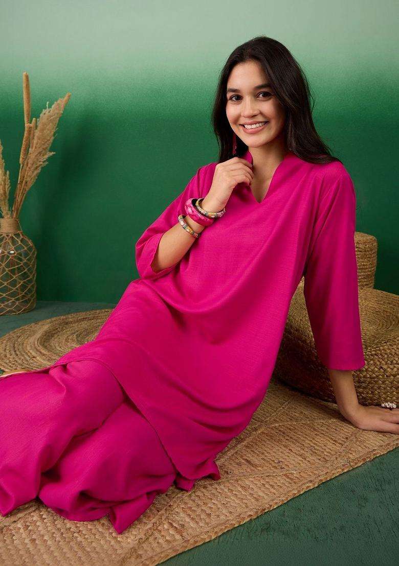 Pink Solid Viscose Kurta Set - Indya