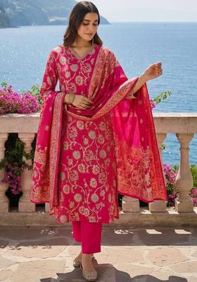 Pink Woven Design Silk Blend Kurta Set