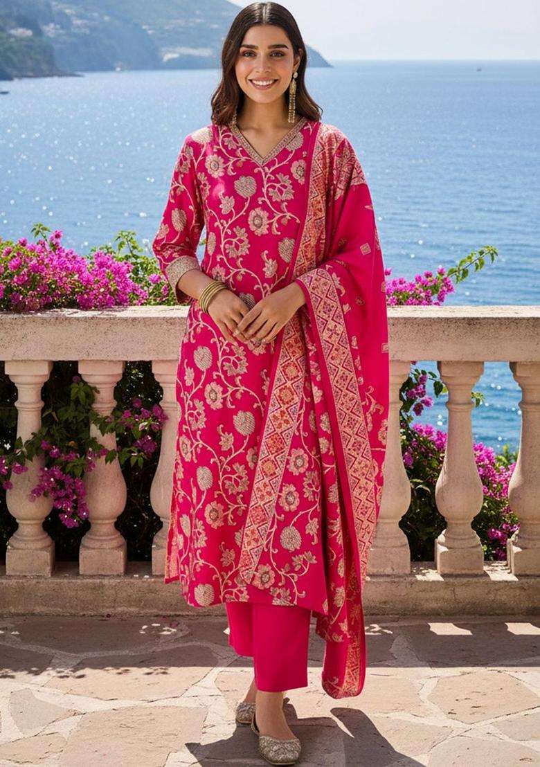 Pink Woven Design Silk Blend Kurta Set - Indya