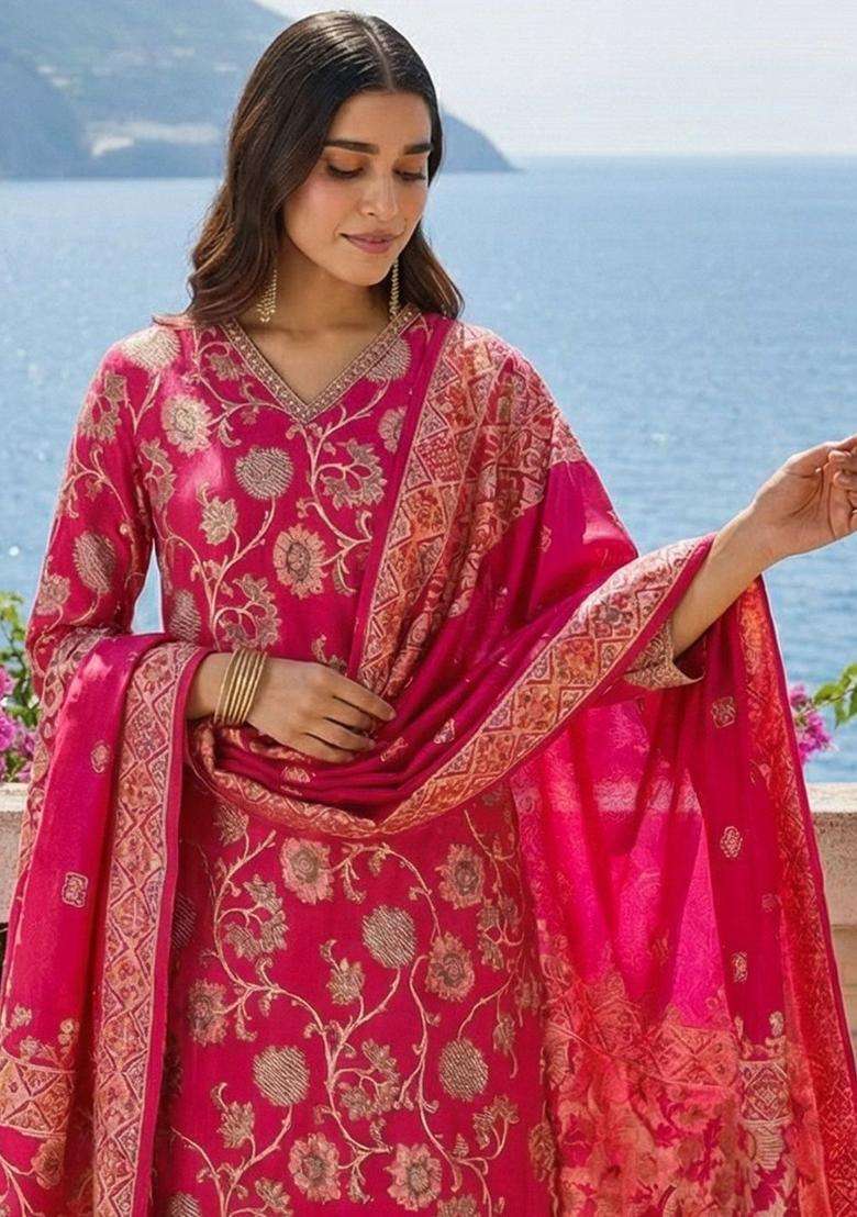Pink Woven Design Silk Blend Kurta Set - Indya