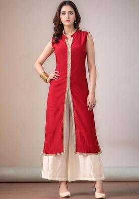 Red Solid Silk Blend Kurta Set