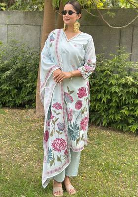 Light Blue Printed Silk Blend Kurta Set