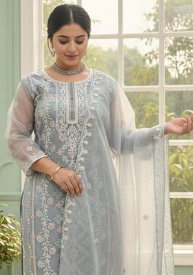 Grey Embroidered Organza Kurta Set
