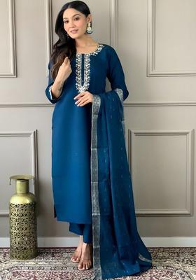 Teal Embroidered Viscose Kurta Set