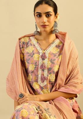 Mauve Printed Cotton Kurta Set