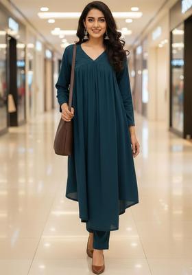 Teal Solid Silk Blend Kurta Set
