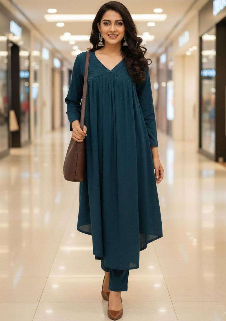 Teal Solid Silk Blend Kurta Set - Indya