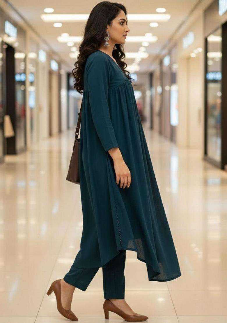 Teal Solid Silk Blend Kurta Set - Indya