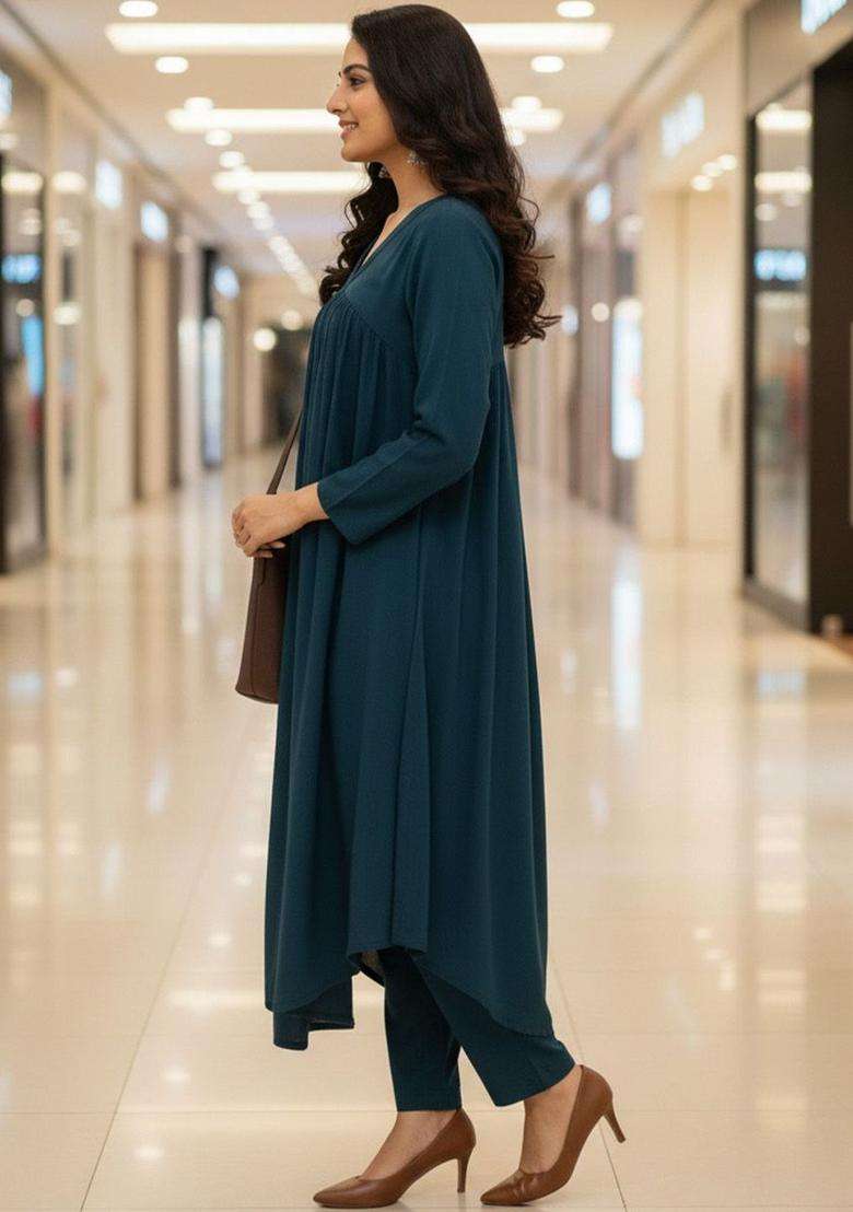 Teal Solid Silk Blend Kurta Set - Indya