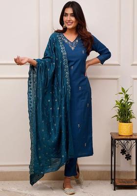 Navy Blue Embroidered Silk Kurta Set