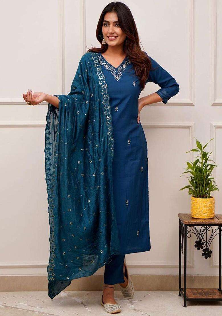 Navy Blue Embroidered Silk Blend Kurta Set - Indya