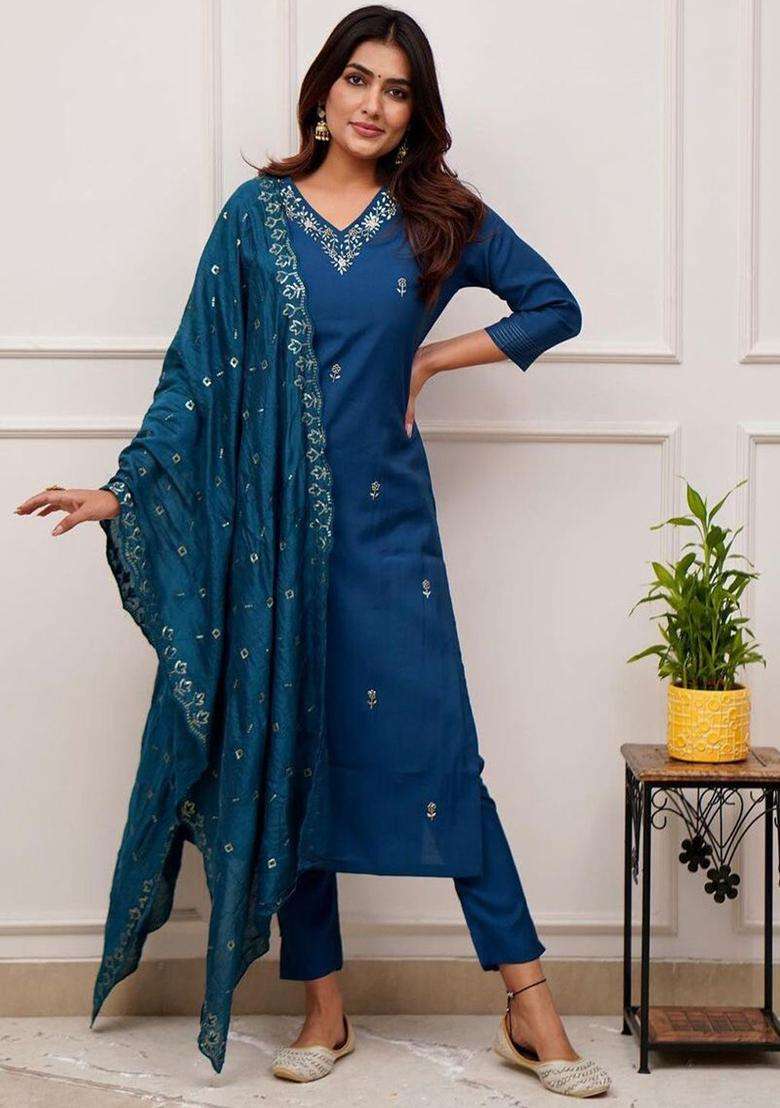 Navy Blue Embroidered Silk Blend Kurta Set - Indya