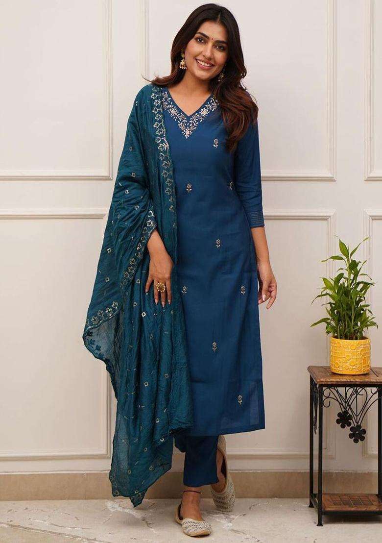 Navy Blue Embroidered Silk Blend Kurta Set - Indya