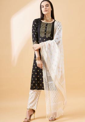 Black Printed Viscose Kurta Set