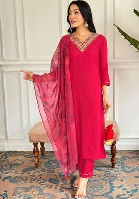Red Solid Viscose Kurta Set