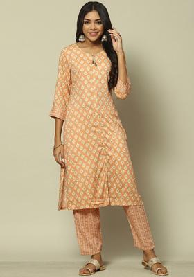 Peach Printed Cotton Kurta Set