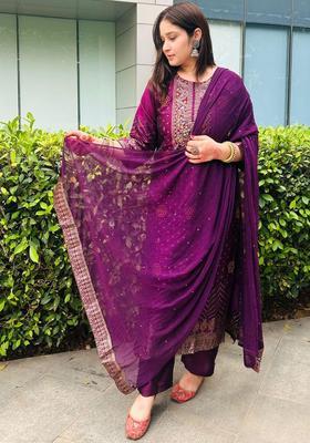 Purple Printed Silk Kurta Set