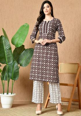 Brown Printed Cotton Kurta Set