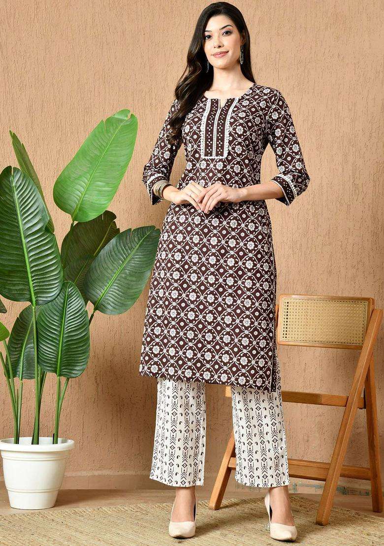 Brown Printed Cotton Kurta Set - Indya