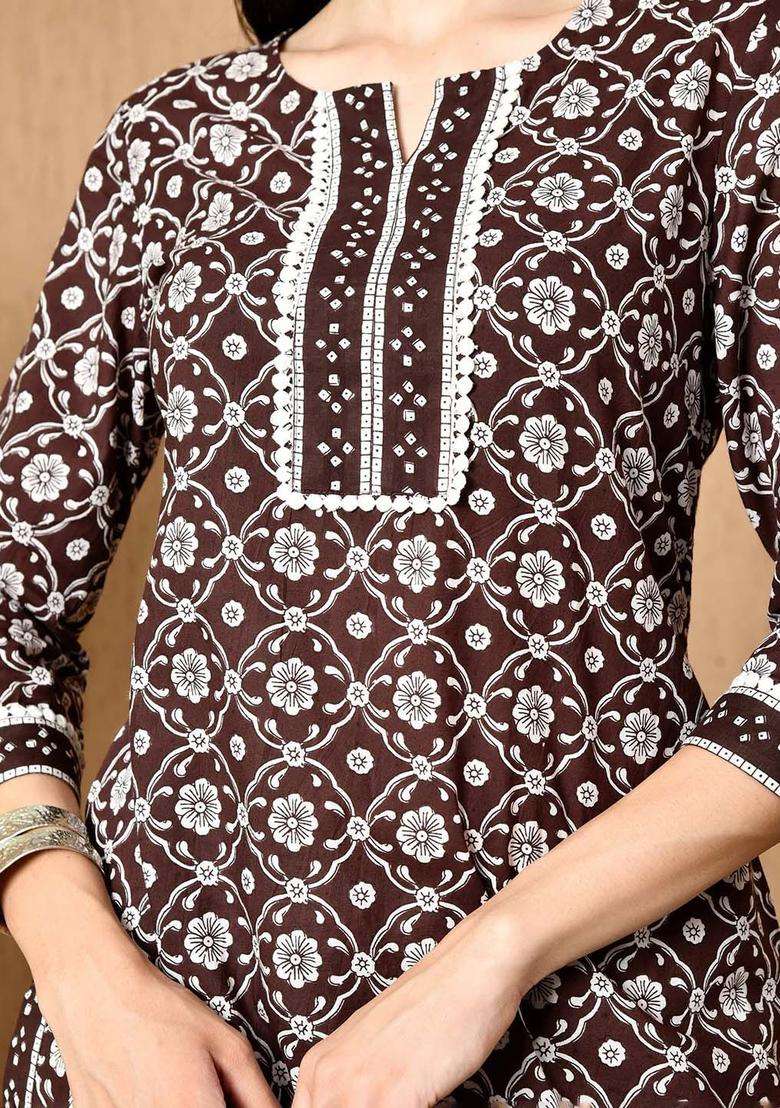 Brown Printed Cotton Kurta Set - Indya