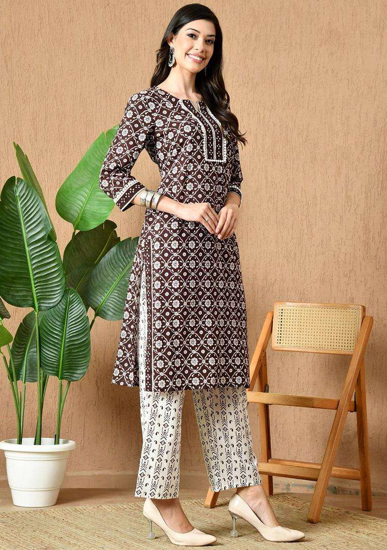 Brown Printed Cotton Kurta Set - Indya