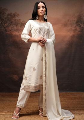 Off White Embroidered Polyester Kurta Set