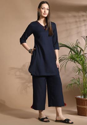 Navy Blue Solid Cotton Kurta Set