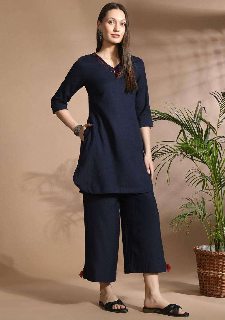 Navy Blue Solid Cotton Kurta Set - Indya