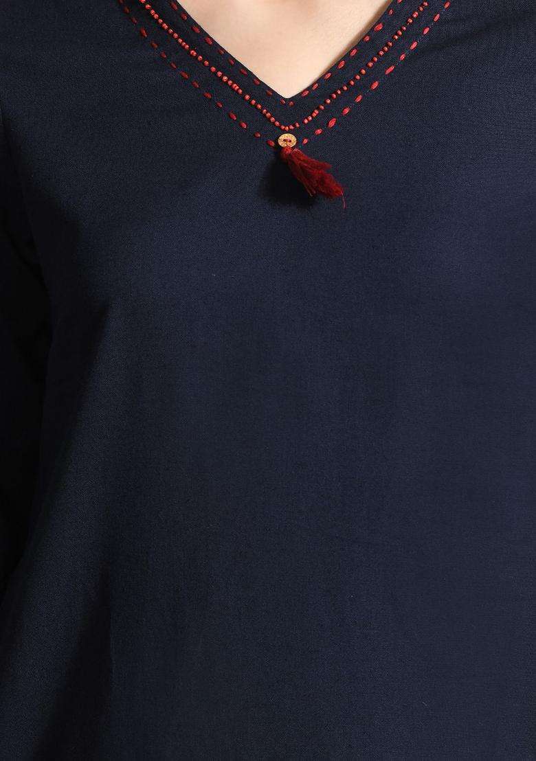 Navy Blue Solid Cotton Kurta Set - Indya