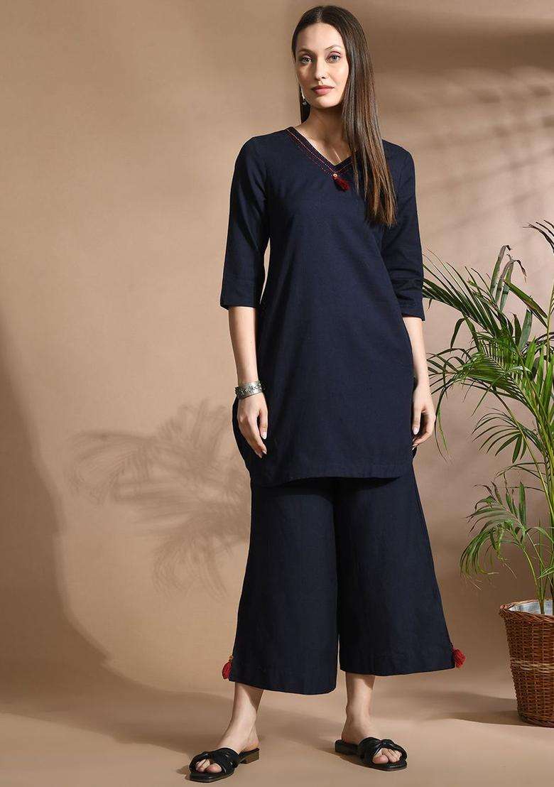 Navy Blue Solid Cotton Kurta Set - Indya