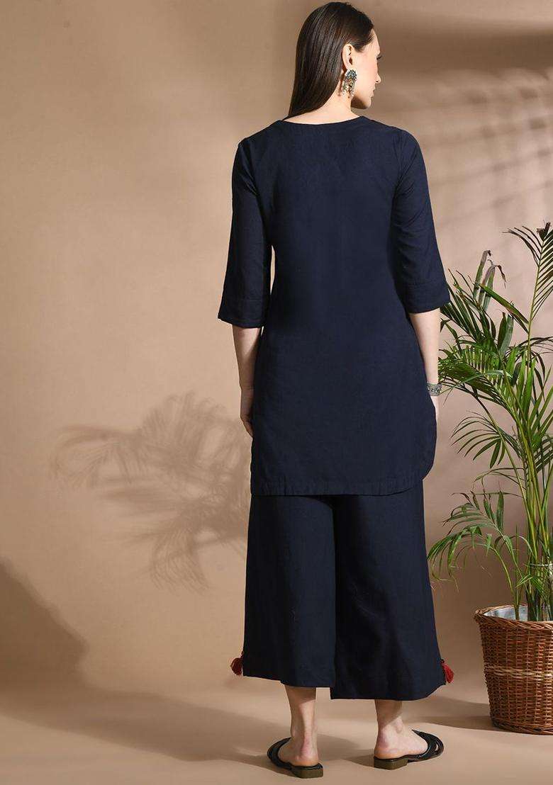 Navy Blue Solid Cotton Kurta Set - Indya