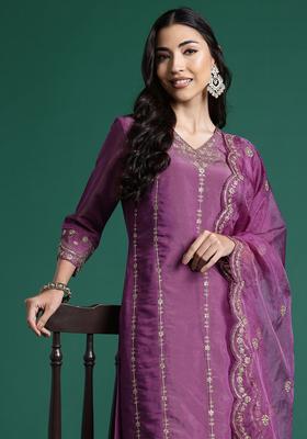 Burgundy Embroidered Silk Blend Kurta Set