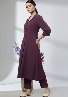 Purple Solid Silk Blend Kurta Set