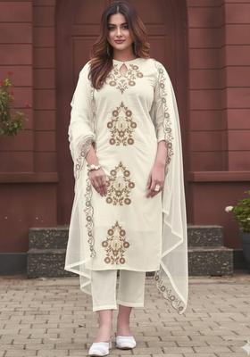 Off White Embroidered Viscose Kurta Set