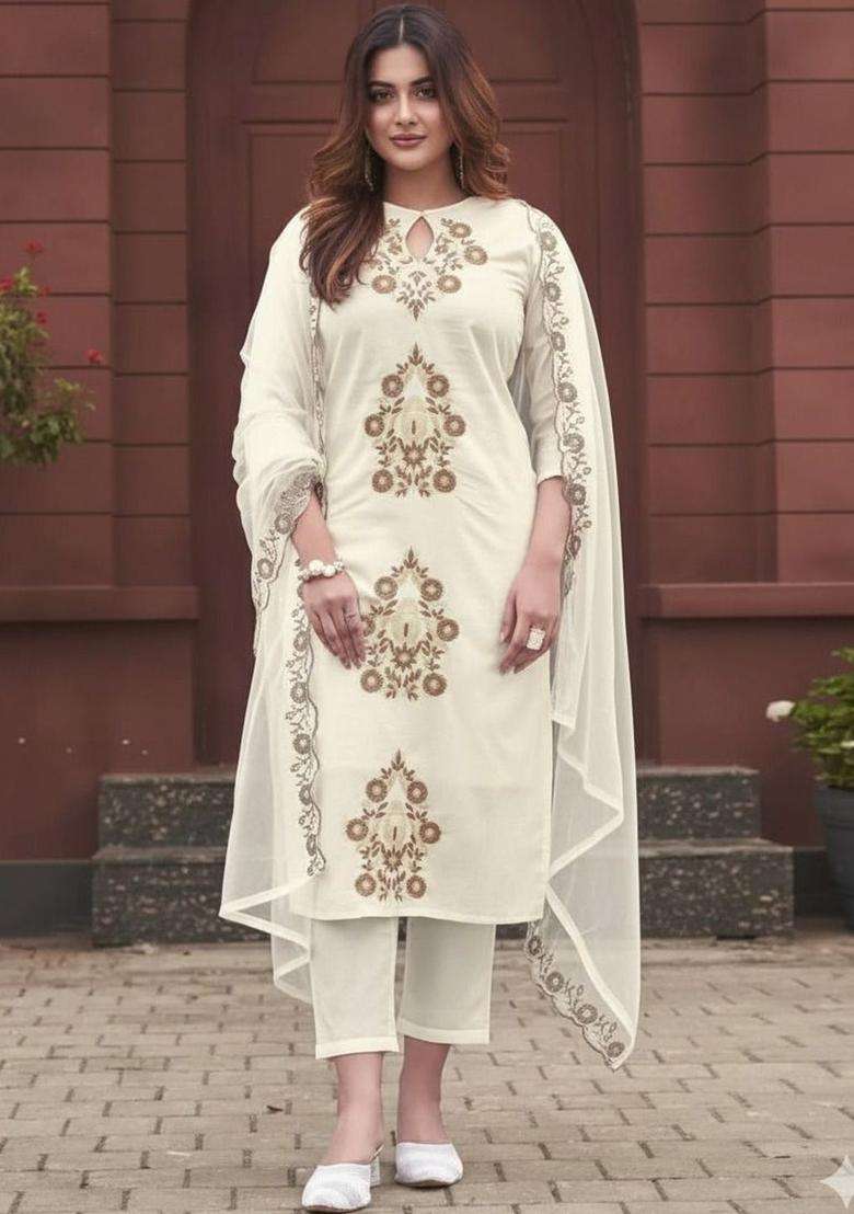Off White Embroidered Viscose Kurta Set - Indya