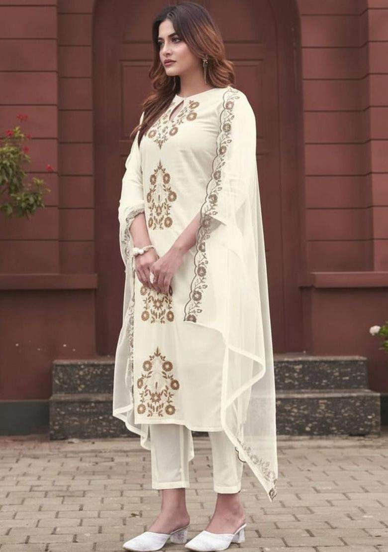 Off White Embroidered Viscose Kurta Set - Indya