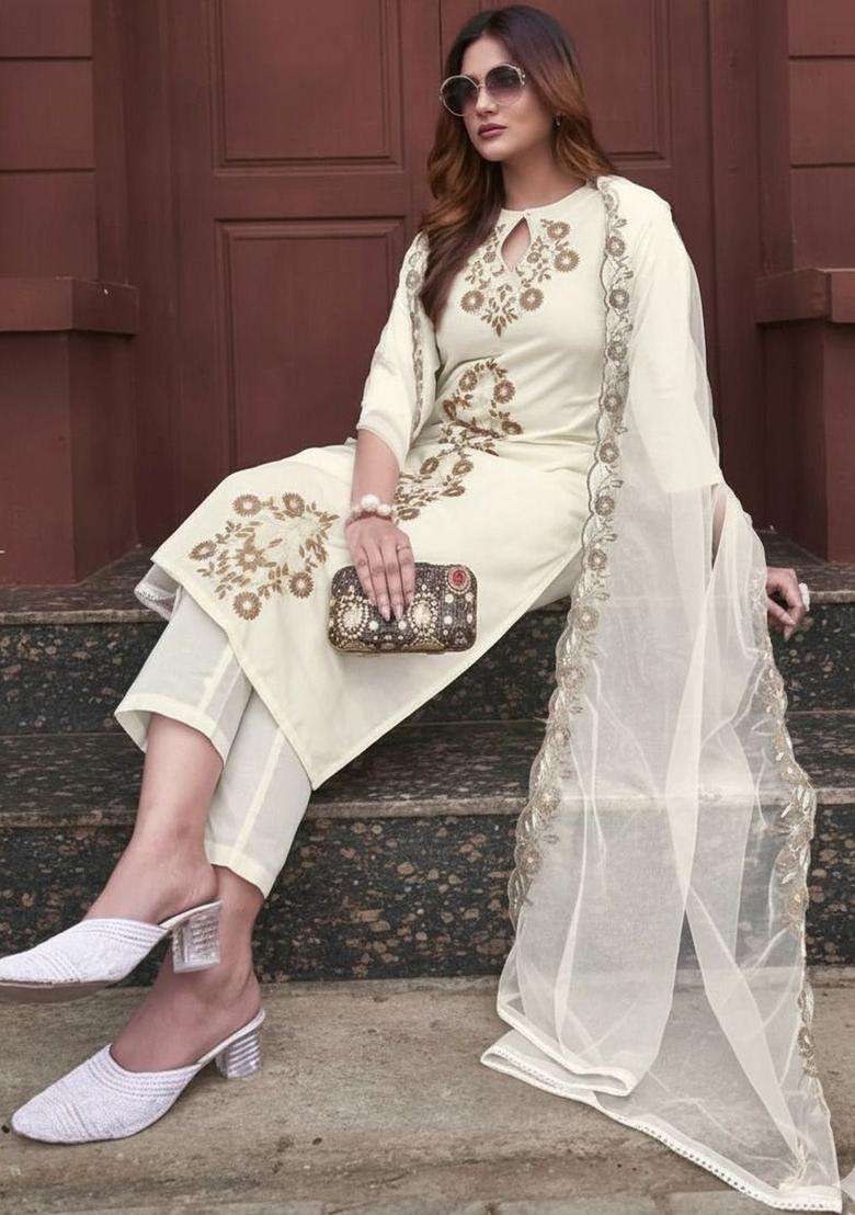 Off White Embroidered Viscose Kurta Set - Indya