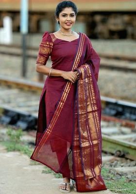Maroon Solid Cotton Kurta Set
