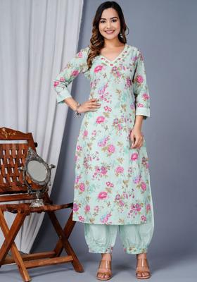 Green Printed Cotton Kurta Set